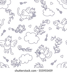 Flying cats. Seamless pattern in cartoon style.
