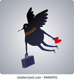 Flying character with a suitcase and a heart in his hand. travel concept