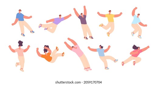 Flying characters. Floating or falling people, free acting person. Man fly experience, isolated joyed woman in air. Explore dream or freedom utter vector set