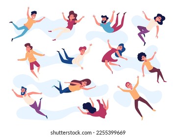 Flying characters. Happy dreaming people falling in action poses exact vector pictures collection