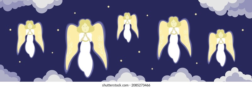 Flying characters of a light angels in cartoon style with outstretched wings and praying hands. Suitable for seasonal greetings and winter designs.