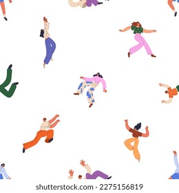 Flying characters, seamless pattern. Happy free people in funny poses, floating, soaring in air, falling, endless background. Young men, women in flight, repeating print. Flat vector illustration