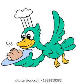 Fliegender Koch Ente bringt Brot, doodle Symbol Bild. Cartoon Caharacter süße Doodle ziehen