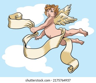 Flying Cherub With Banner Vector Illustration