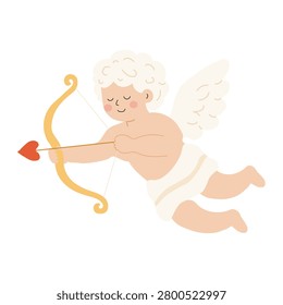 Flying cherub cupid figure isolated on a white background. The character features white wings, curly hair, and a white draped cloth around the waist. Holding a golden bow with a red heart-tipped arrow ready to shoot. Perfect for Valentine's Day, romance, and wedding themes.