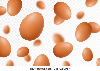 Huevos de pollo volando, aislados de fondo blanco. Caer huevos sabrosos en la concha marrón. Enfoque selectivo Se puede usar para publicidad, embalaje, banner, afiche, impresión. Vector 3d realista