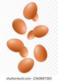 Flying chicken eggs, isolated on white background. Falling tasty eggs in the brown shell. Selective focus Can be used for advertising, packaging, banner, poster, print. Realistic 3d vector