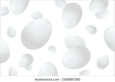 Flying chicken eggs, isolated on white background. Falling tasty eggs in the white shell. Selective focus Can be used for advertising, packaging, banner, poster, print. Realistic 3d vector