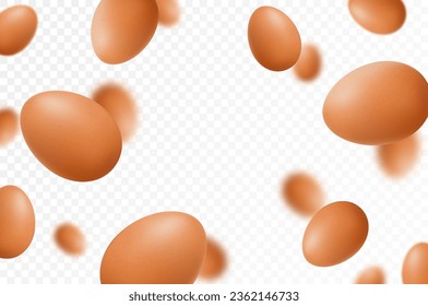 Flying chicken eggs, isolated on white background. Falling tasty eggs in the brown shell. Selective focus Can be used for advertising, packaging, banner, poster, print. Realistic 3d vector