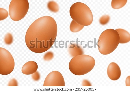 Flying chicken eggs, isolated on white background. Falling tasty eggs in the brown shell. Selective focus Can be used for advertising, packaging, banner, poster, print. Realistic 3d vector