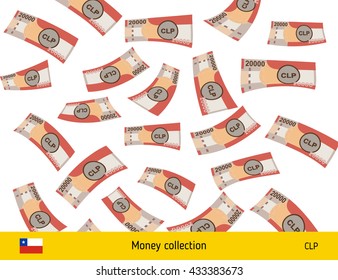 Flying Chilean peso banknote. Money rain. Falling peso