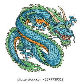 Flying Chinese dragon emblem colorful with azure snake with evil grimace and devil horns to decorate oriental clothing vector illustration