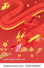 Flying chinese dragon new year card oriental clouds and plum flowers decorations in background. Lunar new year, year of dragon 2024 greetings card template vector. Chinese dragon with mouth open.