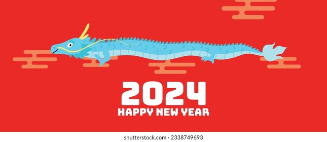 Flying chinese dragon new year 2024 card. Happy lunar new year 2024 or chinese new year of the dragon cute cartoon card.