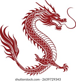 Flying Chinese dragon in traditional red ink brush style with dynamic posture, ideal for Asian cultural illustrations, festivals, and mythology artwork