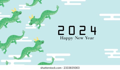 Flying chinese dragons new year 2024 card. Lunar new year greeting card for year of the dragon on a sky background with auspicious clouds. Japanese clouds style, oriental clouds.