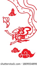 Eine fliegende chinesische Göttin und ein Kaninchen, präsentiert mit Papierschnitt-Stil. 
