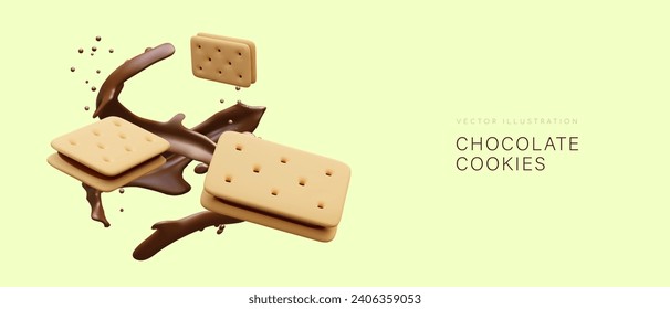 Flying chocolate cookies on yellow background and chocolate splash. Poster for store selling sweets. Vector illustration in 3d style with place for text