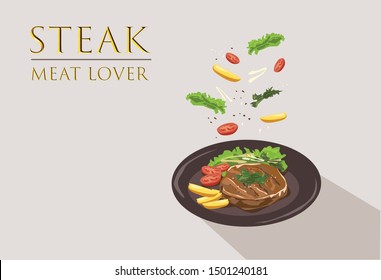 The flying chopped vegetables, fried beef steaks with spices in a Plate isolated on brown background, front view. Concept diet and healthy eating.