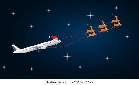 Flying Christmas airplane in a reindeer harness. Humorous illustration on the theme of Christmas vacation. Vector	
