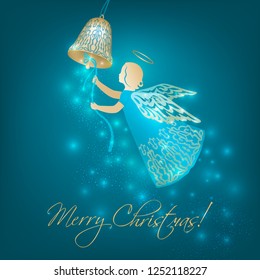 Flying Christmas angel rings the bell. Angel in ornate dress with beautiful ornamental wings on a cyan background. Shining card with flares, Glowing blurs and vivid spots.