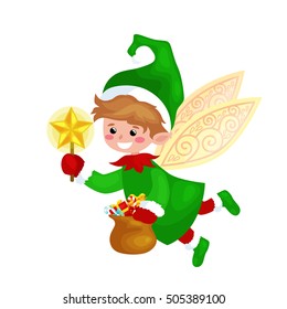 Flying Christmas elf isolated with wings and magic wand star,  green suit with bag of sweets, assistant of Santa Claus helper holding candy pot vector illustration