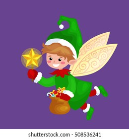 Flying Christmas elf isolated with wings and magic wand star in a green suit with bag of sweets, assistant of Santa Claus and helper holding candy pot