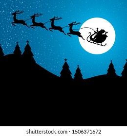 Flying Christmas Sleigh At Night With Moon Forest Blue Background