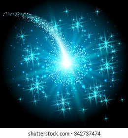 Flying Christmas star with curved glowing tail
