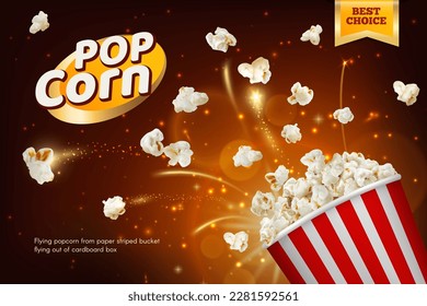 Flying cinema popcorn kernels. Takeaway cafe crunchy sweetcorn, fast food dessert meal or cinema salty snack promo 3d realistic vector banner. Flying popcorn bucket flyer or advertising leaflet