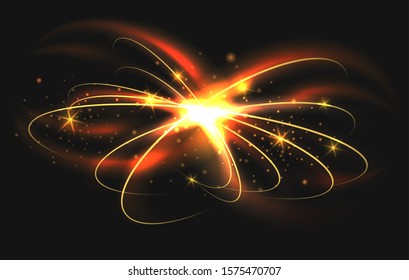 Flying circle lights effect. Round shape light bundle isolated on black background, vector lighting traces swirl, shining circling sparkly bunch