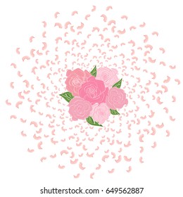 Flying from the circle of rose petals, sakura with a bouquet of roses in the middle. Whirlwind, wedding background, love