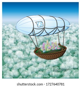 Flying city above the clouds. Vector illustration