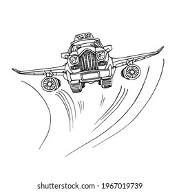 flying city taxi with airplane wings, future technology, fast transportation, vector illustration with black ink contour lines isolated on a white background in a cartoon and hand drawn style