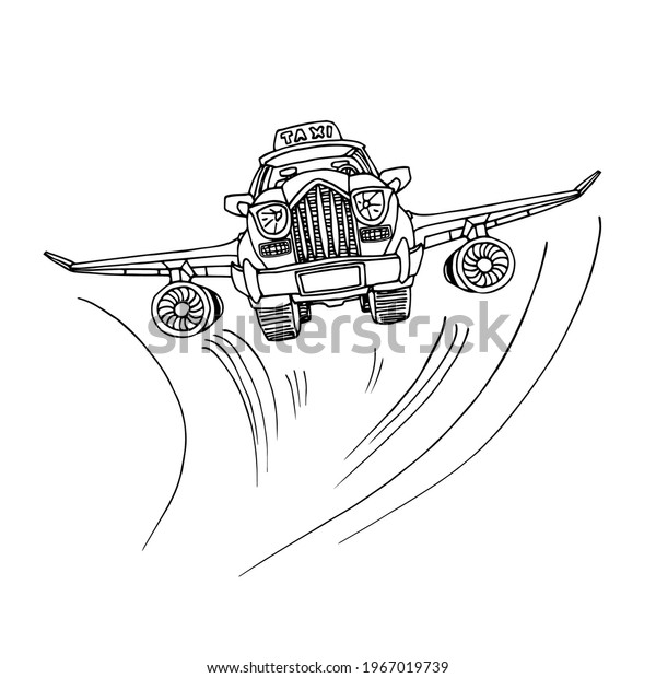 flying city taxi with airplane wings, future\
technology, fast transportation, vector illustration with black ink\
contour lines isolated on a white background in a cartoon and hand\
drawn style