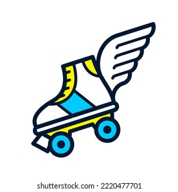 Flying classic roller skates with wings. Retro quad rollers isolated - icon vector illustration.