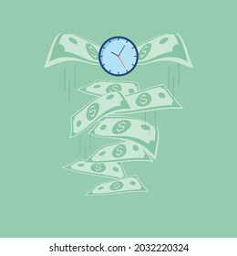 Flying clock with banknote wings and falling dolar bills. Time fly, don't waste it. Conceptual illustration of time is money. Vector illustration outline flat design style.
