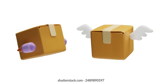 Flying closed cardboard boxes vector 3D illustrations set. Carton packaging boxes with wings and motor render icon. Delivery cargo brown paper package, transportation service isolated