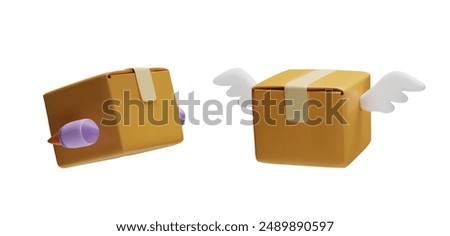 Flying closed cardboard boxes vector 3D illustrations set. Carton packaging boxes with wings and motor render icon. Delivery cargo brown paper package, transportation service isolated