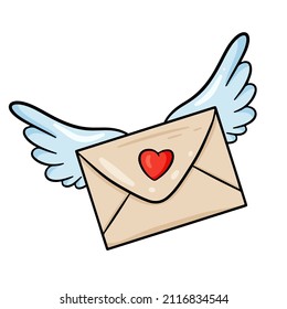 Flying Closed Envelope. Letter With Heart And Angel Wings. Vector Illustration With Outline. For Greeting Cards, Posters, Prints On Clothes, Emblems, Logos