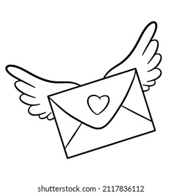Flying Closed-Umschlag. Brief mit Herz und Engel Flügel. Vektorgrafik mit Umriss. Für Grußkarten, Poster, Drucke auf Kleidung, Embleme, Logos