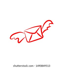Flying closed envelope with wax heart and wings. Not read incoming message. Cartoon sticker with contour. Mail doodle sketch illustration. For greeting cards, posters, prints for clothes, emblems