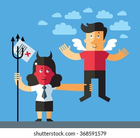 Flying in cloud man returned on earth. Business woman capture office worker for control or limitation of authority concept design. Flat style vector illustration.