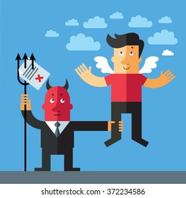 Flying  in cloud man returned on earth. Boss capture office worker for control or limitation of authority concept design. Flat style vector illustration.