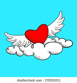 Flying in the clouds heart with wings