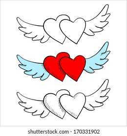 Flying in the clouds heart with wings, doodle, set