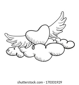 Flying in the clouds heart with wings, doodle