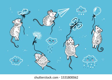 Flying in Cloudy Sky Cute Mouse or Rats with Balloon, Dandelion, Paper Airplane and Butterflies Vector Set. Hand Drawn Cartoon Sketch Doodle Little Mice. Baby Shower Design. Chinese New Year 2020 year