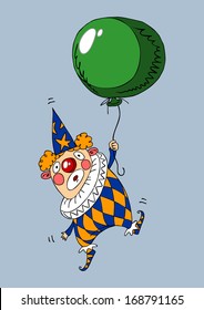 flying clown holding a balloon