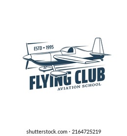 Flying club icon with vector plane or airplane of general aviation. Composite aircraft isolated blue symbol of piston engined monoplane with propeller and landing gears, aviation or pilot school badge